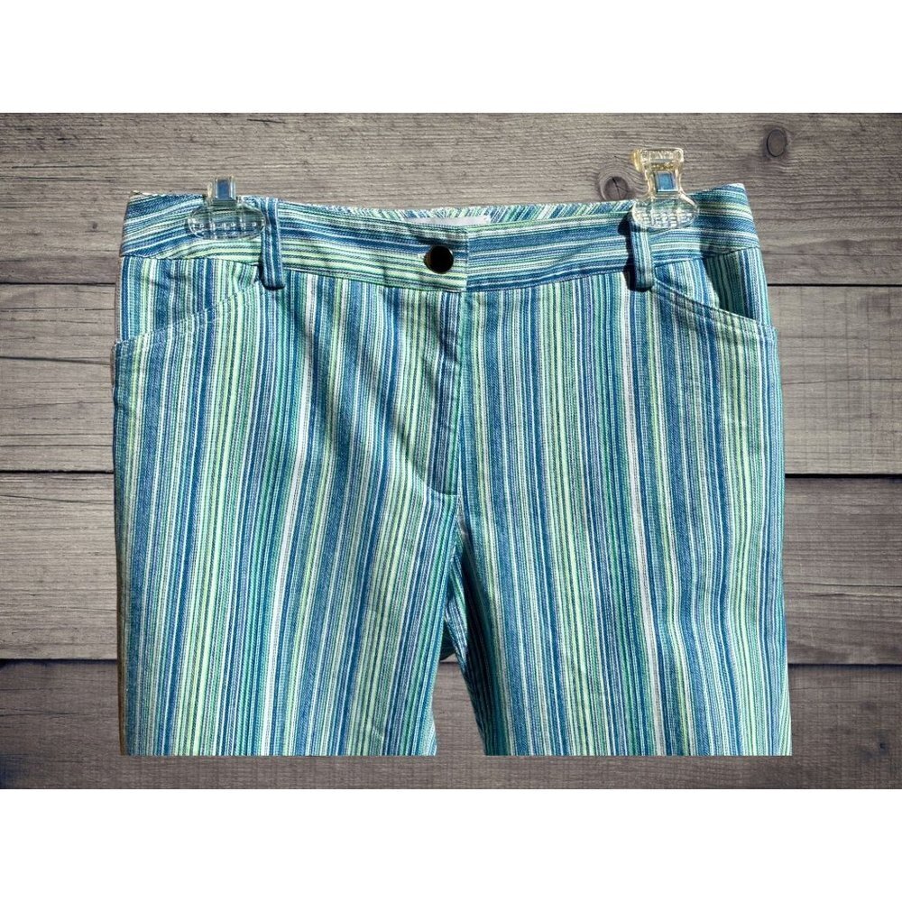 ELLIOTT LAUREN LADIES BLUE STRIPE LONG FLAT FRONT PANTS BELT LOOPS POCKETS 4